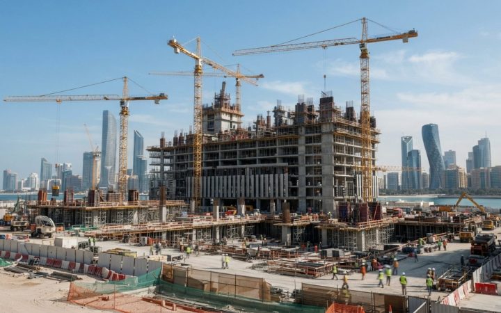 Illustration: A wide editorial view of a major commercial building construction site in Abu Dhabi featuring tower cranes, concrete structural framewor