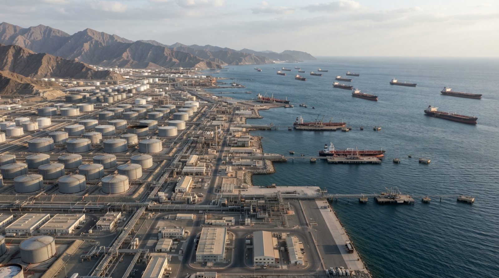 Illustration: An aerial view of the Port of Fujairah on the Gulf of Oman, showing large commercial oil storage tanks, maritime bunkering terminals, pi