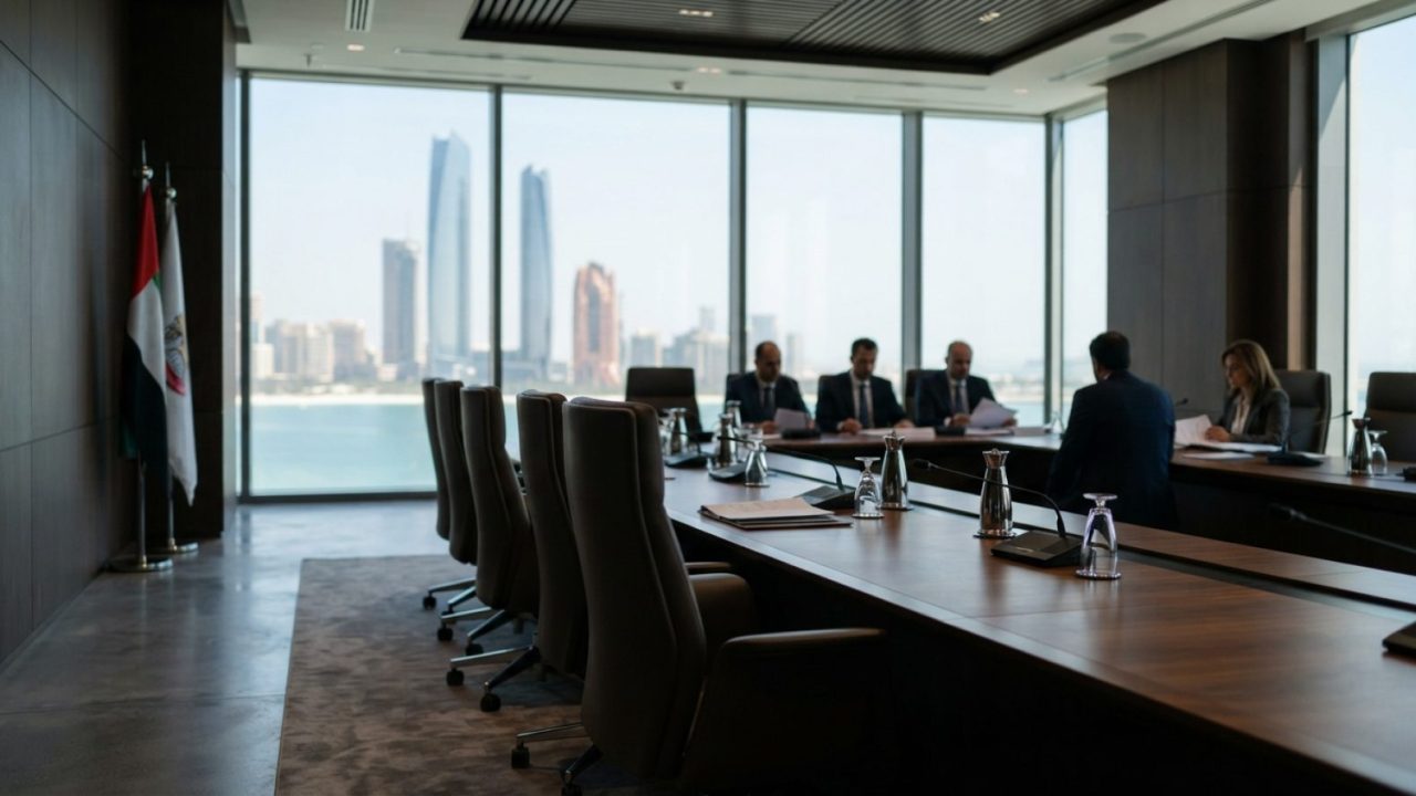 插图：阿布扎比现代商事仲裁与调解会议室，配有光滑的木质长桌、整齐的皮椅、清