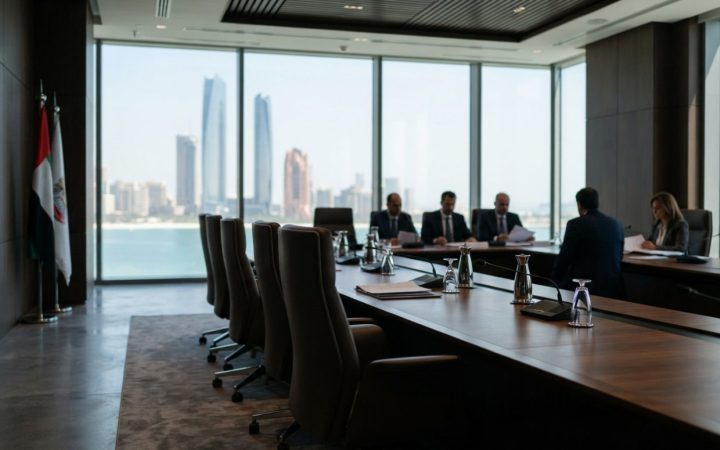 Illustration: A modern commercial arbitration and mediation conference room in Abu Dhabi, featuring a polished wooden table, neat leather chairs, clea