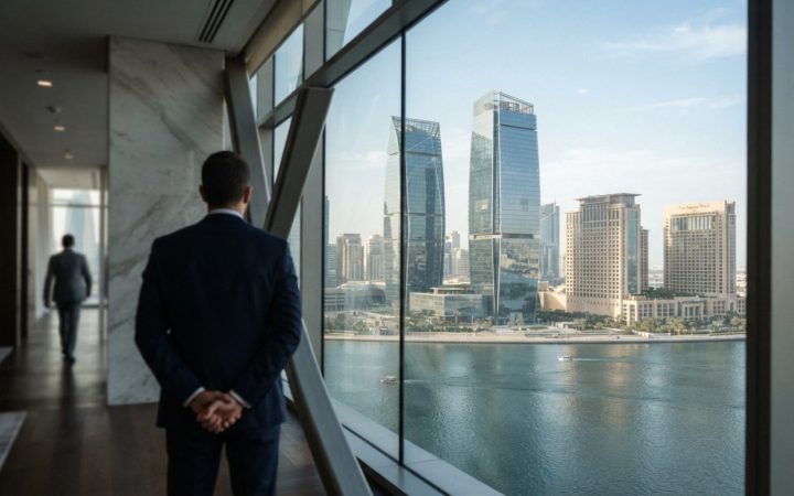 Illustration: Modern government business centre and financial district in Abu Dhabi with clean glass architecture, sunlight reflecting off office towe