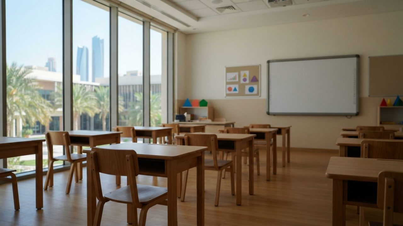 Illustration: A modern, bright classroom interior in an Abu Dhabi private school with empty wooden student desks, a large clean interactive whiteboard