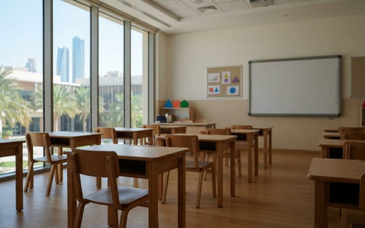 Illustration: A modern, bright classroom interior in an Abu Dhabi private school with empty wooden student desks, a large clean interactive whiteboard