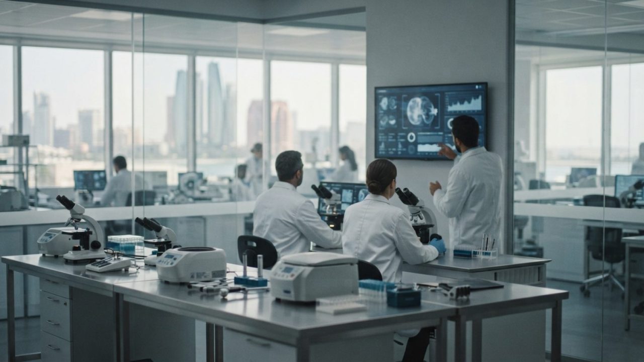 Illustration: A modern healthcare technology research laboratory with advanced digital diagnostic displays, medical equipment, and sterile glass inter
