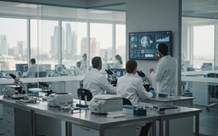 Illustration: A modern healthcare technology research laboratory with advanced digital diagnostic displays, medical equipment, and sterile glass inter