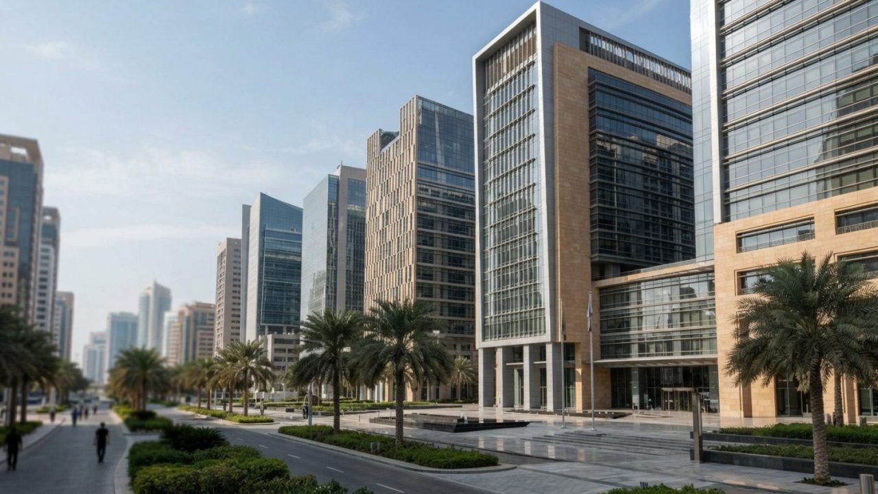 Illustration: Exterior view of modern glass commercial high-rise towers in the financial district of Abu Dhabi under clear daylight, with sleek urban