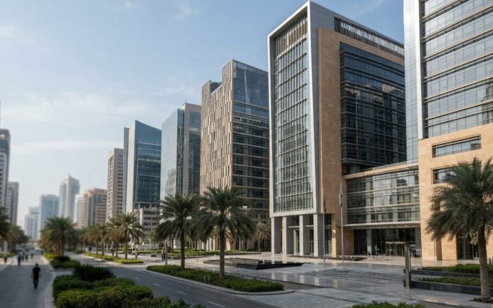 Illustration: Exterior view of modern glass commercial high-rise towers in the financial district of Abu Dhabi under clear daylight, with sleek urban
