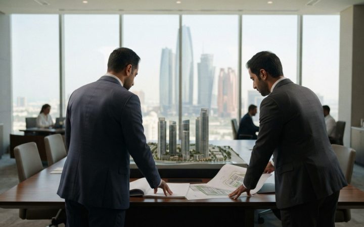 Illustration: Modern commercial real estate office in Abu Dhabi with professional agents reviewing documents and architectural models, city skyline vi