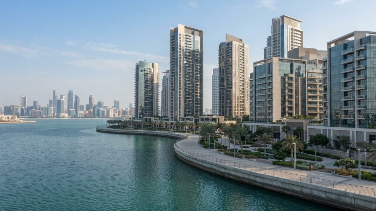 Illustration: A modern residential waterfront development in Abu Dhabi with high-rise apartment towers and quiet landscaped promenades during daylight