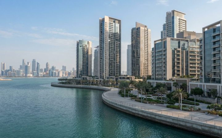 Illustration: A modern residential waterfront development in Abu Dhabi with high-rise apartment towers and quiet landscaped promenades during daylight