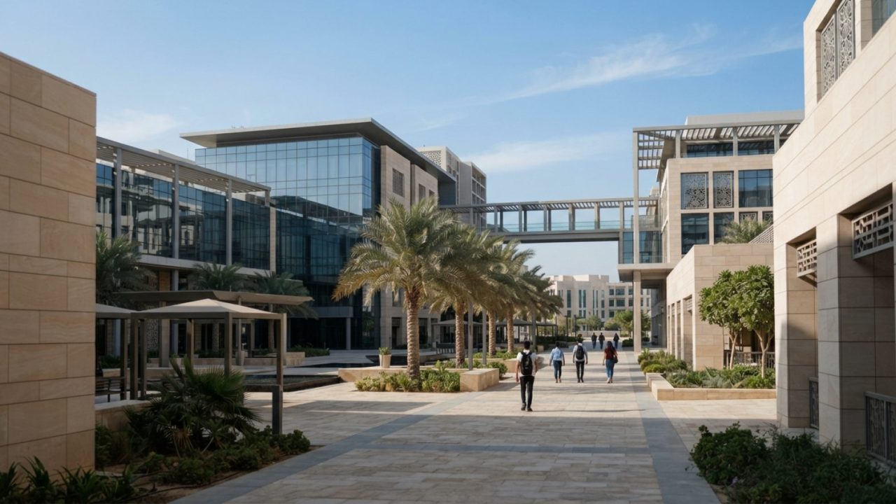 Illustration: Editorial photograph of contemporary university campus buildings in Abu Dhabi, featuring bright glass architecture, stone courtyards lin