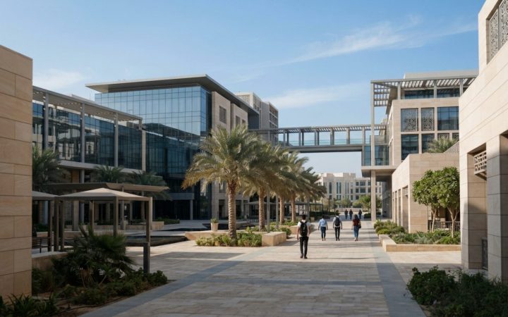 Illustration: Editorial photograph of contemporary university campus buildings in Abu Dhabi, featuring bright glass architecture, stone courtyards lin