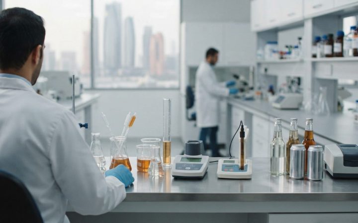Illustration: A realistic editorial news photograph of a modern laboratory workstation for beverage quality testing in the UAE, featuring scientific t