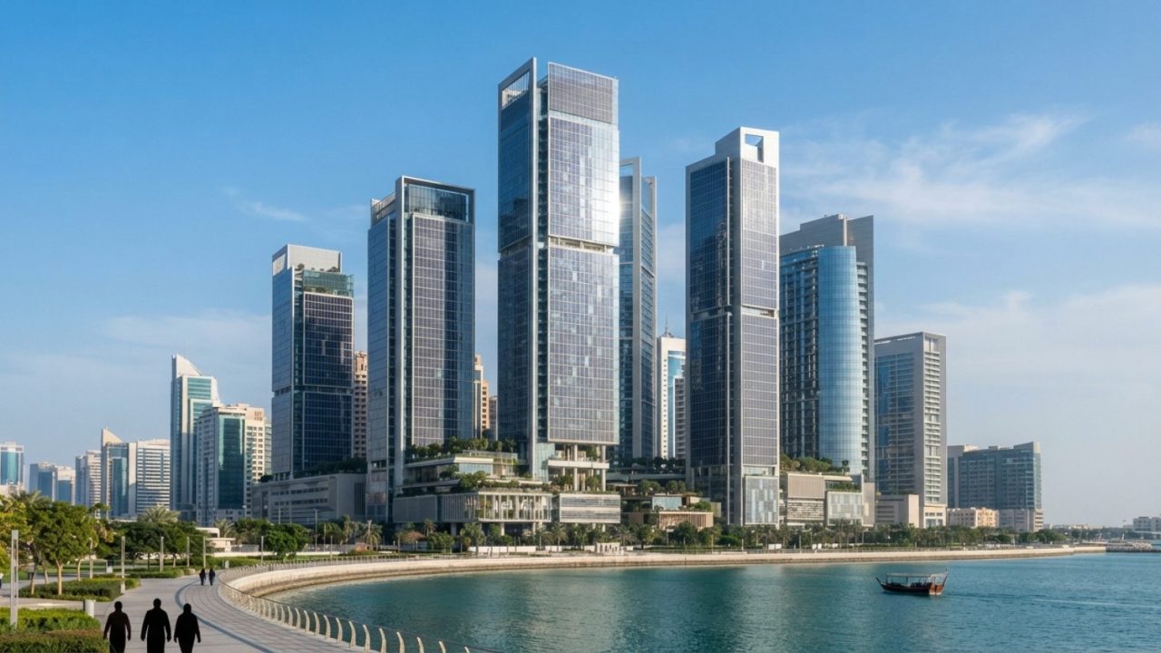 Illustration: Modern eco-friendly commercial high-rise towers in Abu Dhabi with solar panel installations on the facade, reflecting bright morning sun