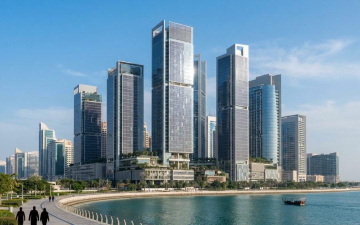 Illustration: Modern eco-friendly commercial high-rise towers in Abu Dhabi with solar panel installations on the facade, reflecting bright morning sun
