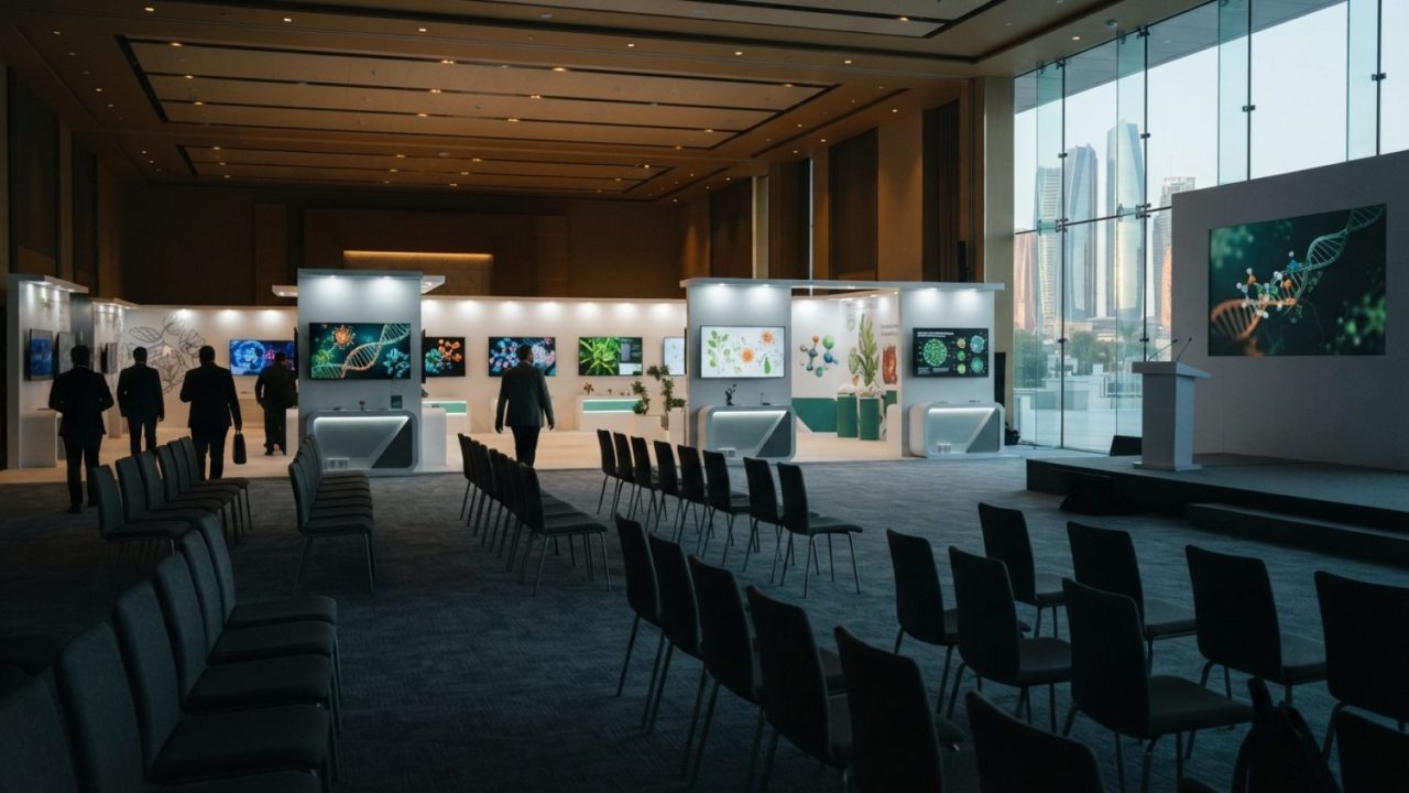 Illustration: A modern medical technology conference hall in Abu Dhabi with digital scientific displays showing biological data and botanical medicine