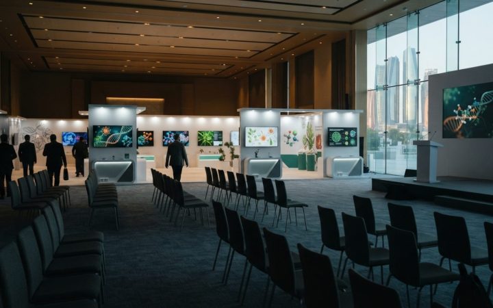 Illustration: A modern medical technology conference hall in Abu Dhabi with digital scientific displays showing biological data and botanical medicine