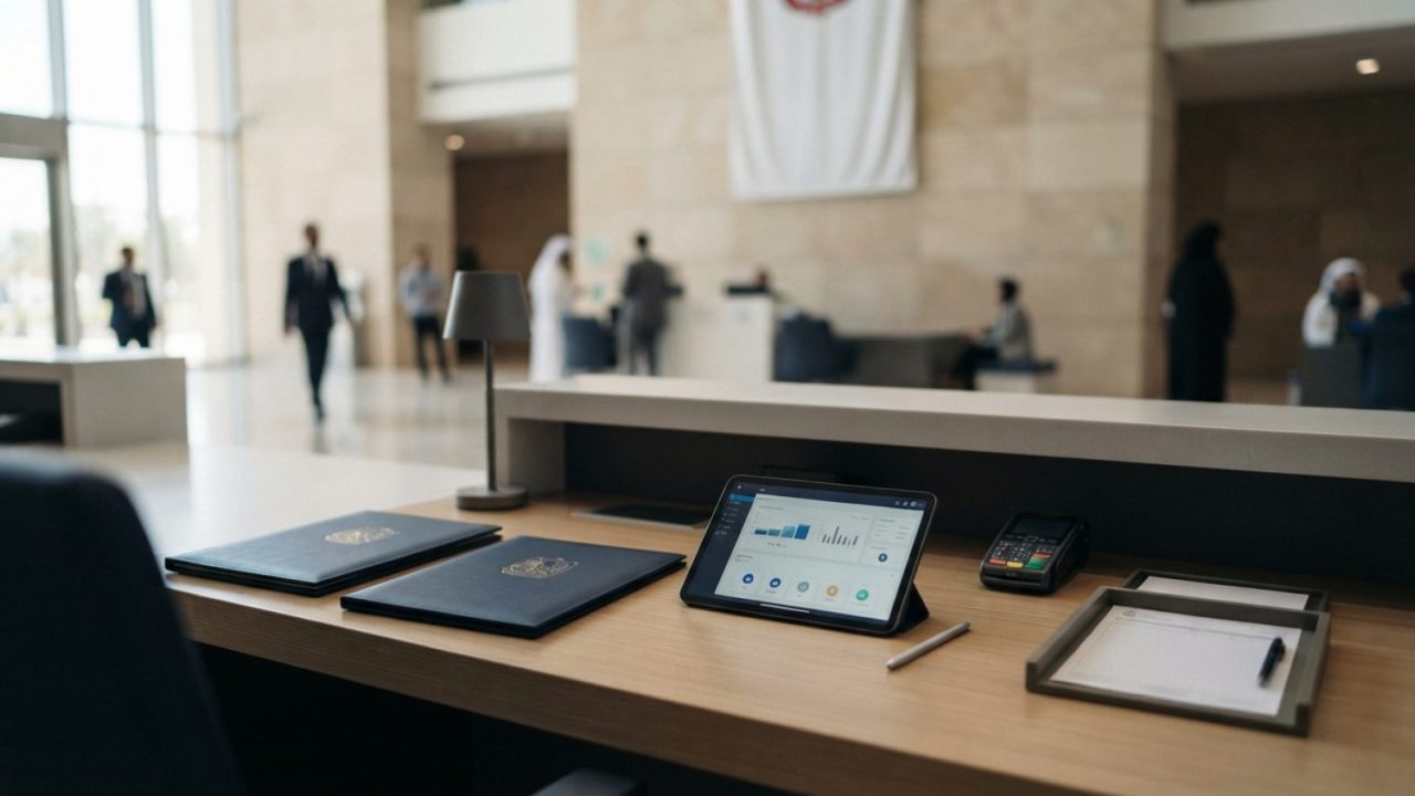 Illustration: A modern government service center counter in Abu Dhabi with official documentation folders and smart digital tablet displays on a polis