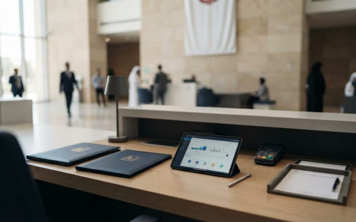 Illustration: A modern government service center counter in Abu Dhabi with official documentation folders and smart digital tablet displays on a polis