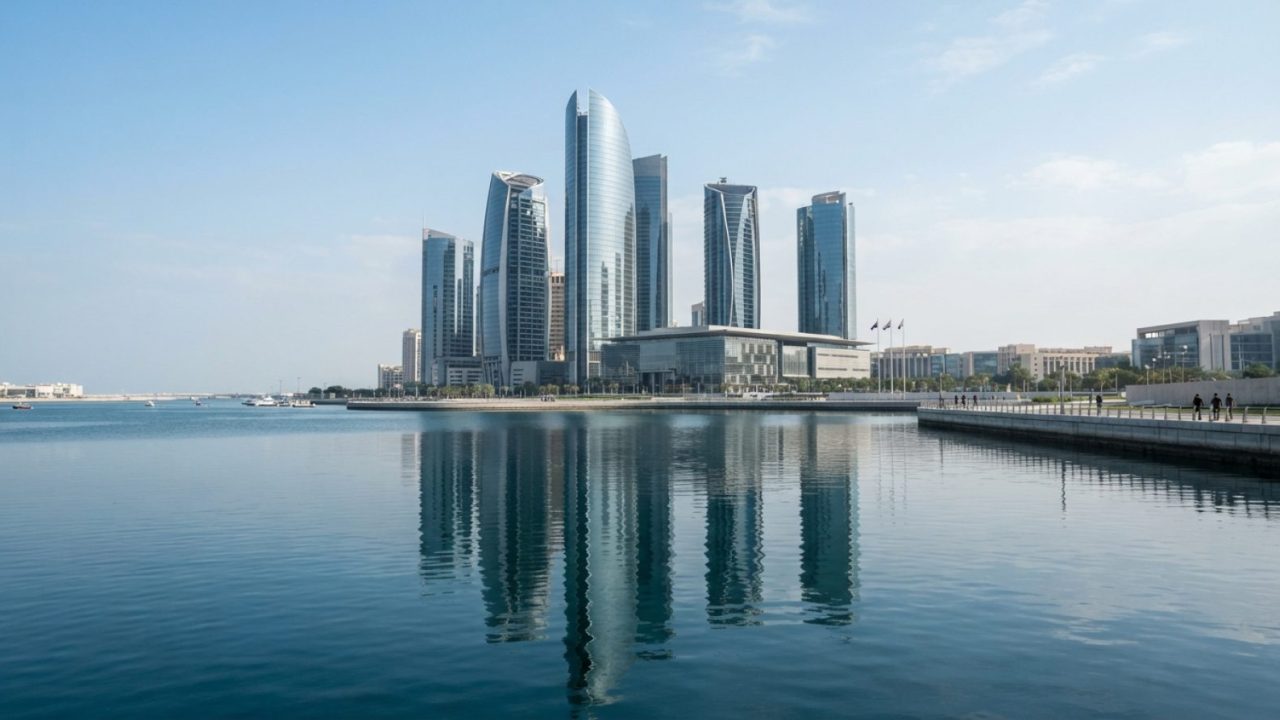 Illustration: A modern glass financial tower in Abu Dhabi's global market district reflected in calm seawater during bright daylight, clean corporate