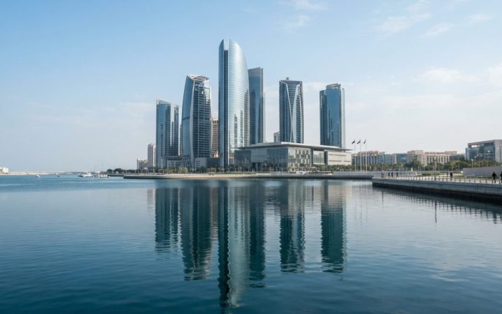 Illustration: A modern glass financial tower in Abu Dhabi's global market district reflected in calm seawater during bright daylight, clean corporate