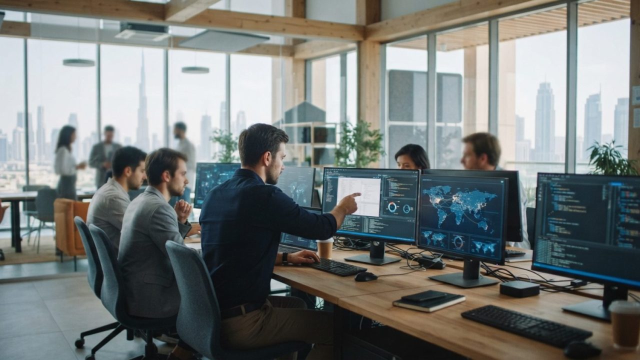 Illustration: Editorial documentary photograph of a modern tech incubator workspace with monitors displaying software interfaces, digital charts, and