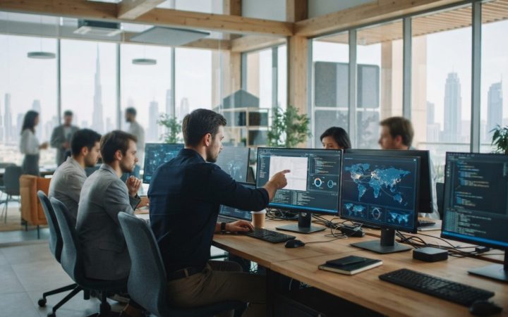 Illustration: Editorial documentary photograph of a modern tech incubator workspace with monitors displaying software interfaces, digital charts, and