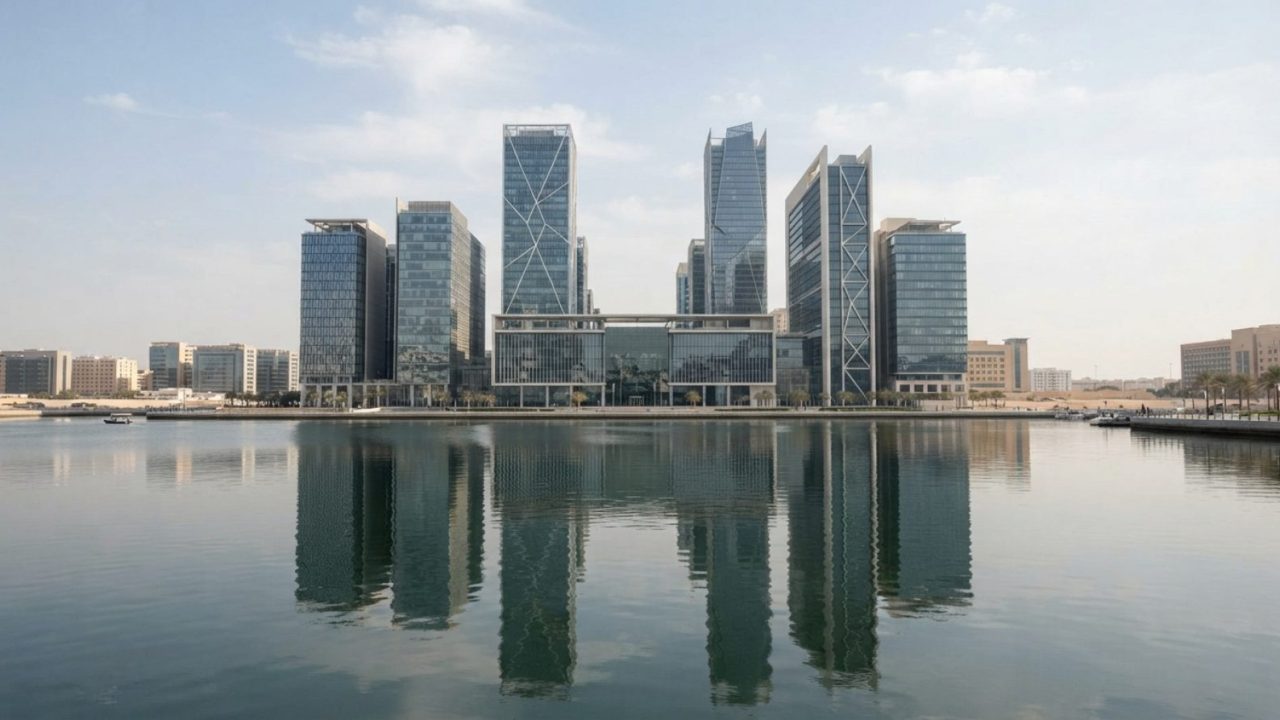 Illustration: A clean wide-angle shot of the modern glass office towers of Al Maryah Island financial district in Abu Dhabi reflected in calm waters u