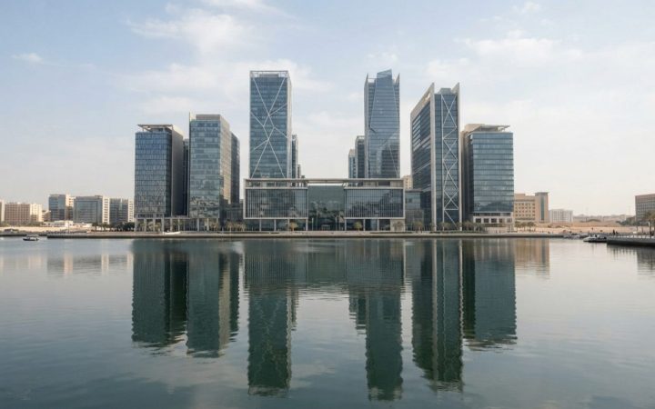 Illustration: A clean wide-angle shot of the modern glass office towers of Al Maryah Island financial district in Abu Dhabi reflected in calm waters u
