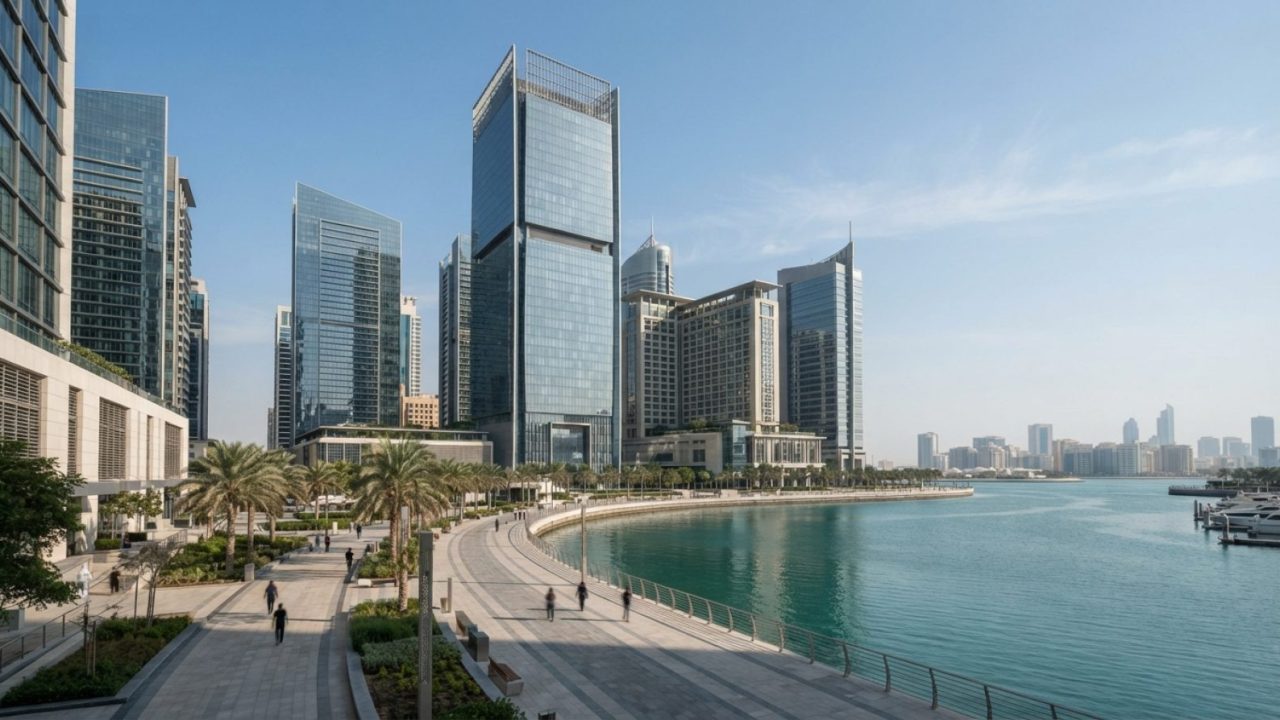 Illustration: A wide editorial photograph of the modern financial district on Al Maryah Island in Abu Dhabi, showing sleek glass office towers and ped