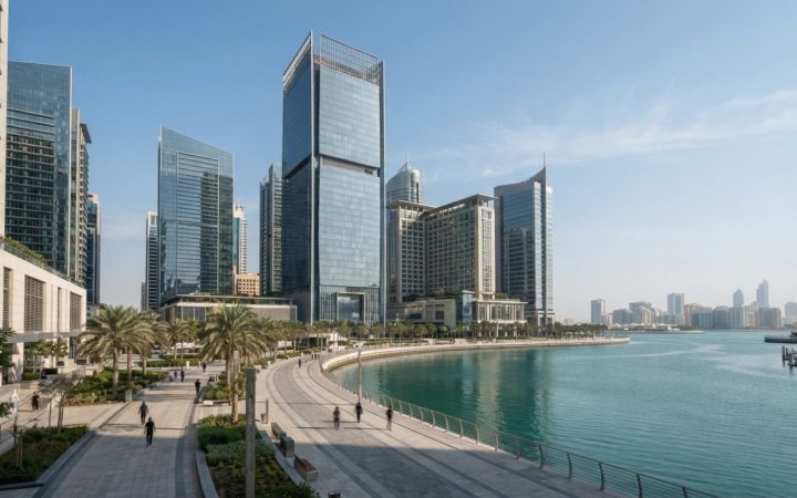 插图：阿布扎比阿尔玛利亚岛现代金融区的大幅新闻编辑类全景照片，展现了流线型玻璃办公大楼与步行区域
