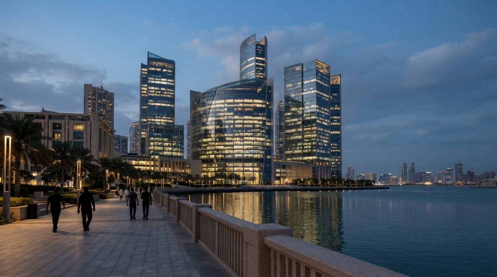 Illustration: An editorial wide shot of the Abu Dhabi Global Market financial center on Al Maryah Island at twilight, showing modern glass office towe