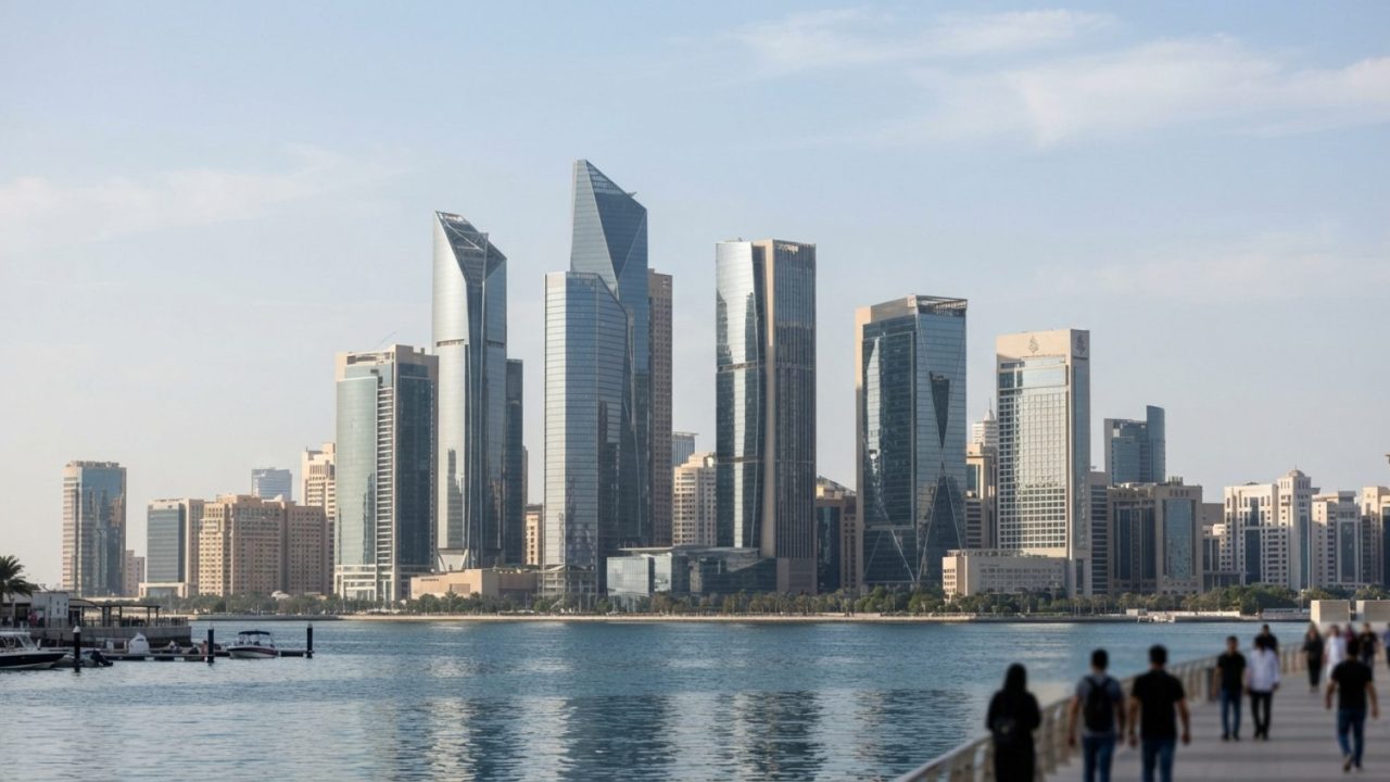 Illustration: Modern architectural view of financial district office towers and glass skyscrapers on Al Maryah Island in Abu Dhabi under clear blue da