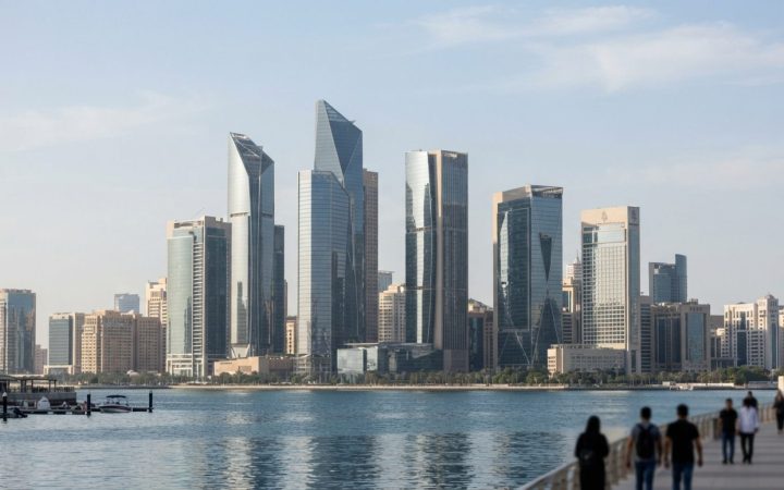 Illustration: Modern architectural view of financial district office towers and glass skyscrapers on Al Maryah Island in Abu Dhabi under clear blue da