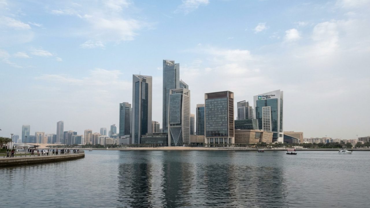 Illustration: Modern financial district office towers and commercial buildings on Al Maryah Island in Abu Dhabi, viewed from across the water under da