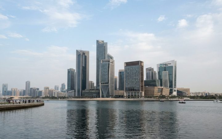 Illustration: Modern financial district office towers and commercial buildings on Al Maryah Island in Abu Dhabi, viewed from across the water under da