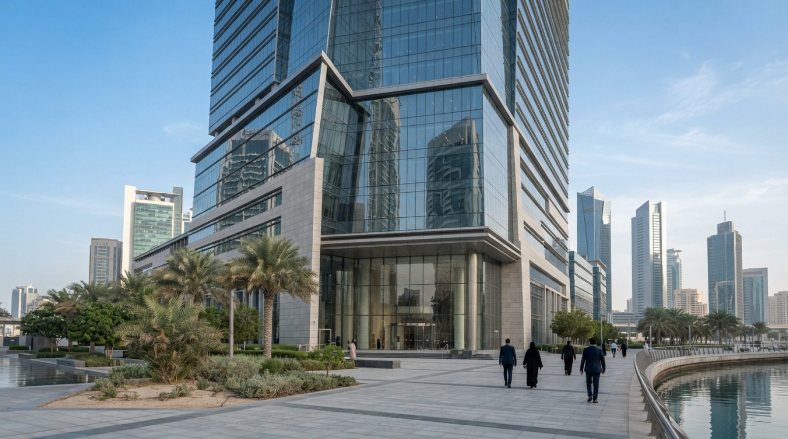 Illustration: A modern corporate office building exterior in the Abu Dhabi financial district under bright daylight, featuring glass architecture and