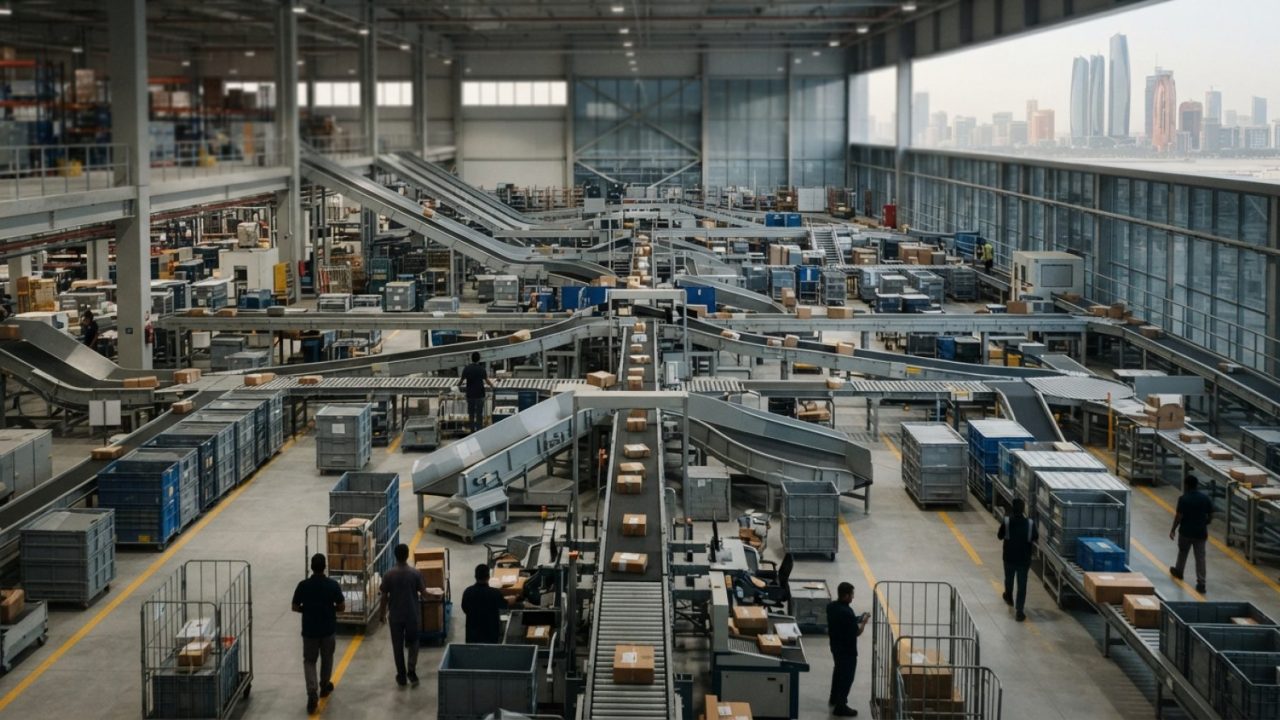 Illustration: High-angle view of an automated logistics sorting facility with package conveyor belts and transport containers, soft industrial lightin