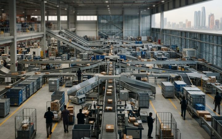Illustration: High-angle view of an automated logistics sorting facility with package conveyor belts and transport containers, soft industrial lightin