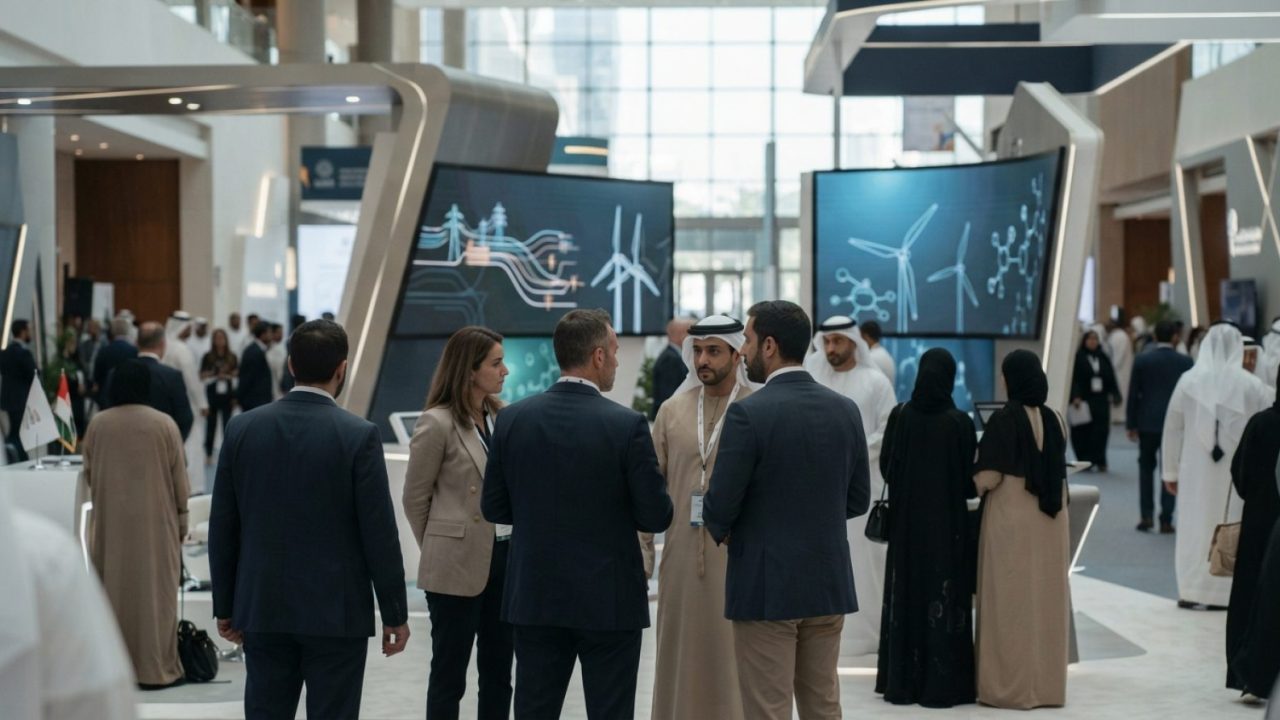 Illustration: A modern, bustling international convention hall in Abu Dhabi with energy industry professionals in business attire engaging near high-t