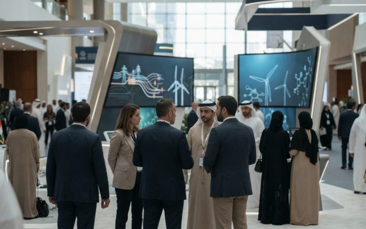 Illustration: A modern, bustling international convention hall in Abu Dhabi with energy industry professionals in business attire engaging near high-t
