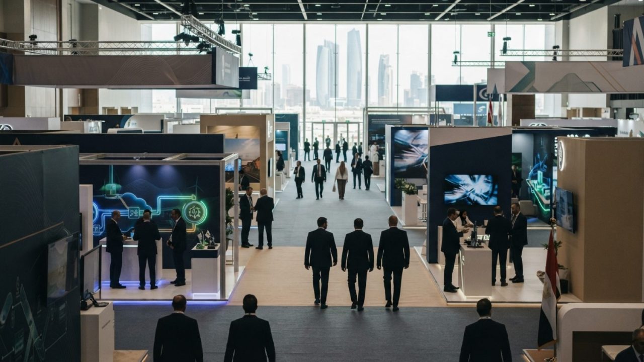Illustration: A modern, spacious international exhibition center hall filled with high-tech energy industry booths, clean display panels, and professi