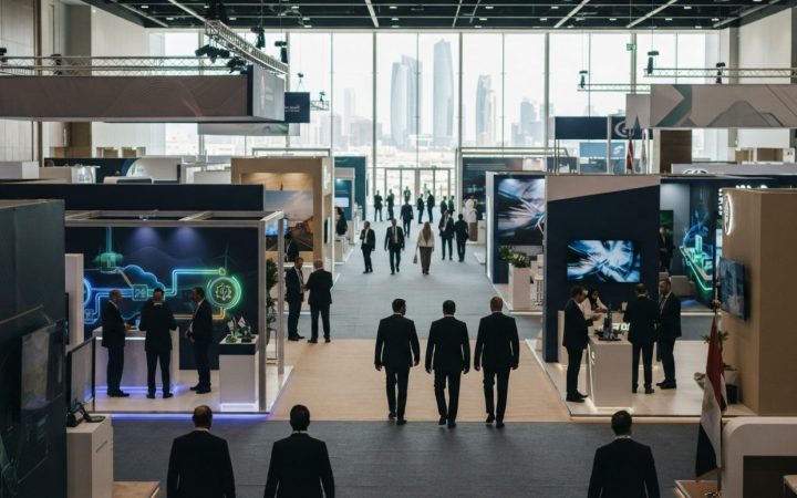 Illustration: A modern, spacious international exhibition center hall filled with high-tech energy industry booths, clean display panels, and professi