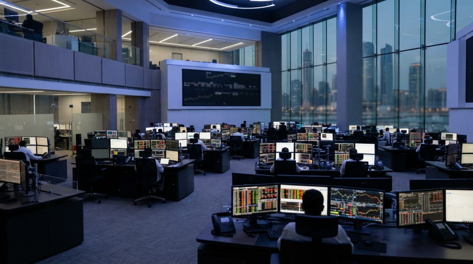 رسم توضيحي: قاعة تداول حديثة في سوق الأوراق المالية بدولة الإمارات العربية المتحدة مزودة بشاشات إلكترونية للبيانات المالية، وإضاءة داخلية زرقاء، وتصميم أنيق