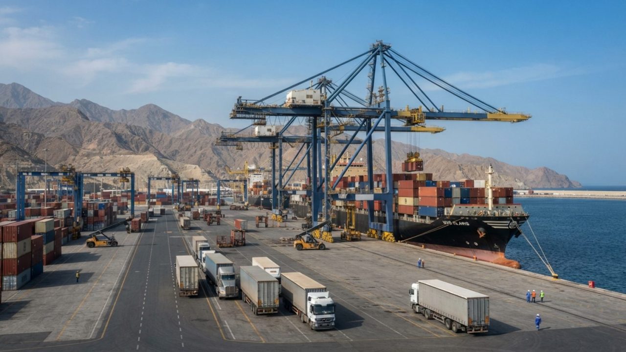 Illustration: A bustling commercial cargo seaport terminal with container ships docked, large shipping cranes loading cargo containers, and commercial
