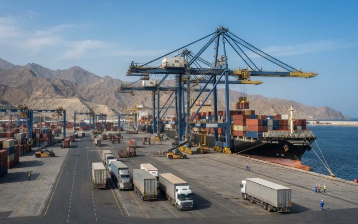 Illustration: A bustling commercial cargo seaport terminal with container ships docked, large shipping cranes loading cargo containers, and commercial