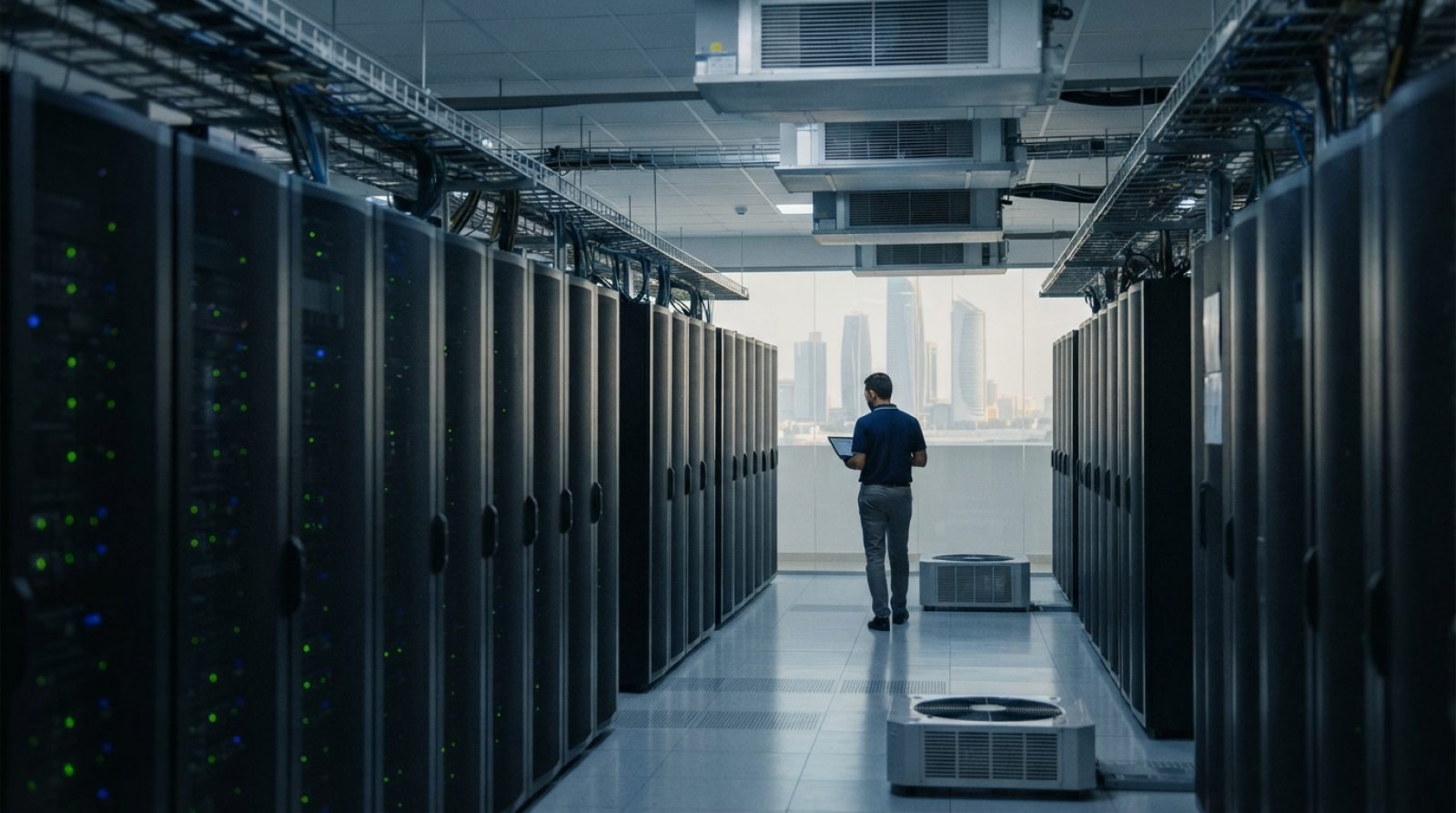 Illustration: Modern server racks and glowing green and blue indicator lights inside a state-of-the-art enterprise data center in Abu Dhabi, highlight