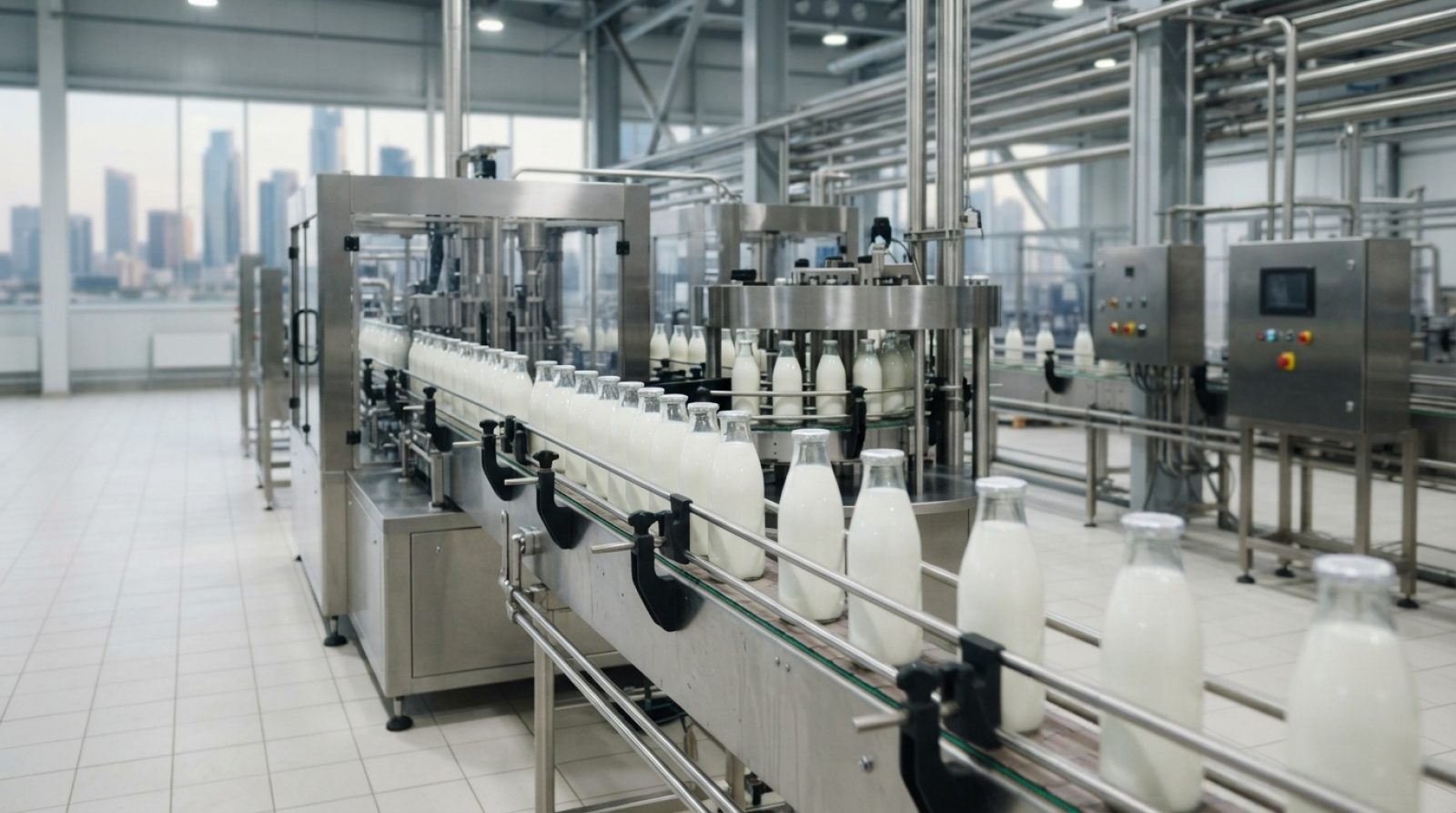 Illustration: Clean, modern industrial dairy bottling and packaging line operating in a high-tech facility, stainless steel processing machinery, fill