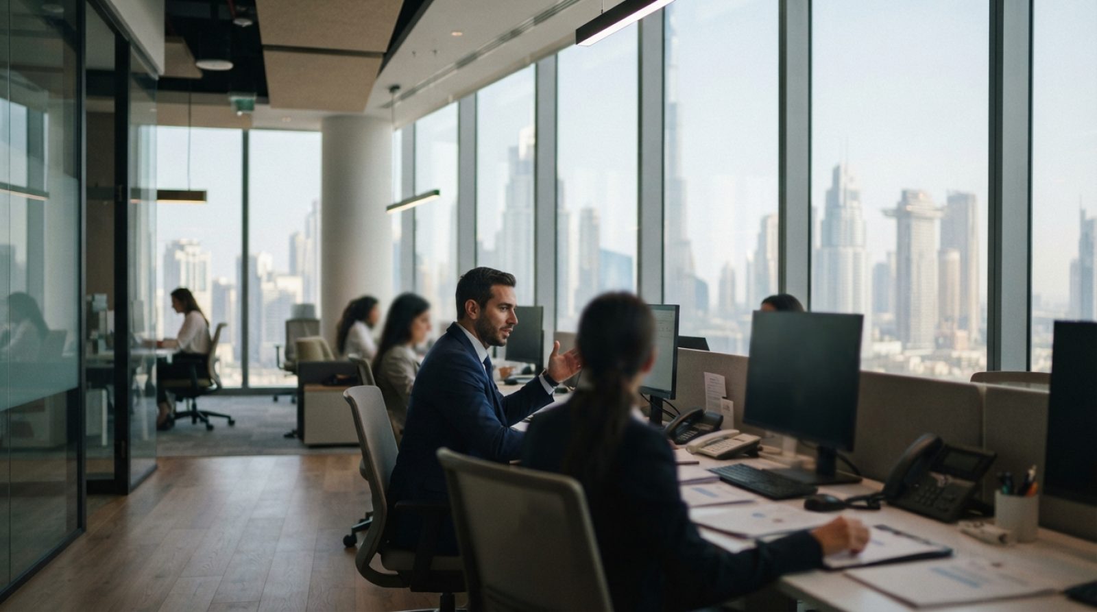 Illustration: Contemporary financial services corporate headquarters interior in Dubai, featuring professional office workers collaborating in an open