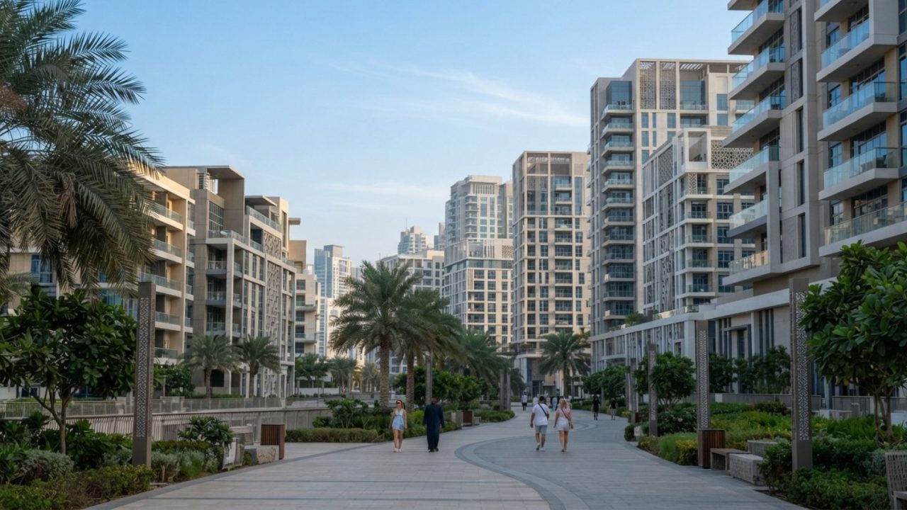 Illustration: Contemporary residential apartment buildings and pedestrian walkways under clear blue sky in a modern master-planned urban district in t